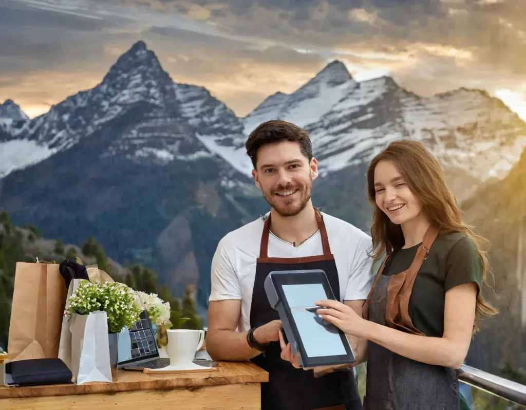 Two smiling staff using a point of sale tablet at an outdoor cafe with mountainous scenery in the background.
