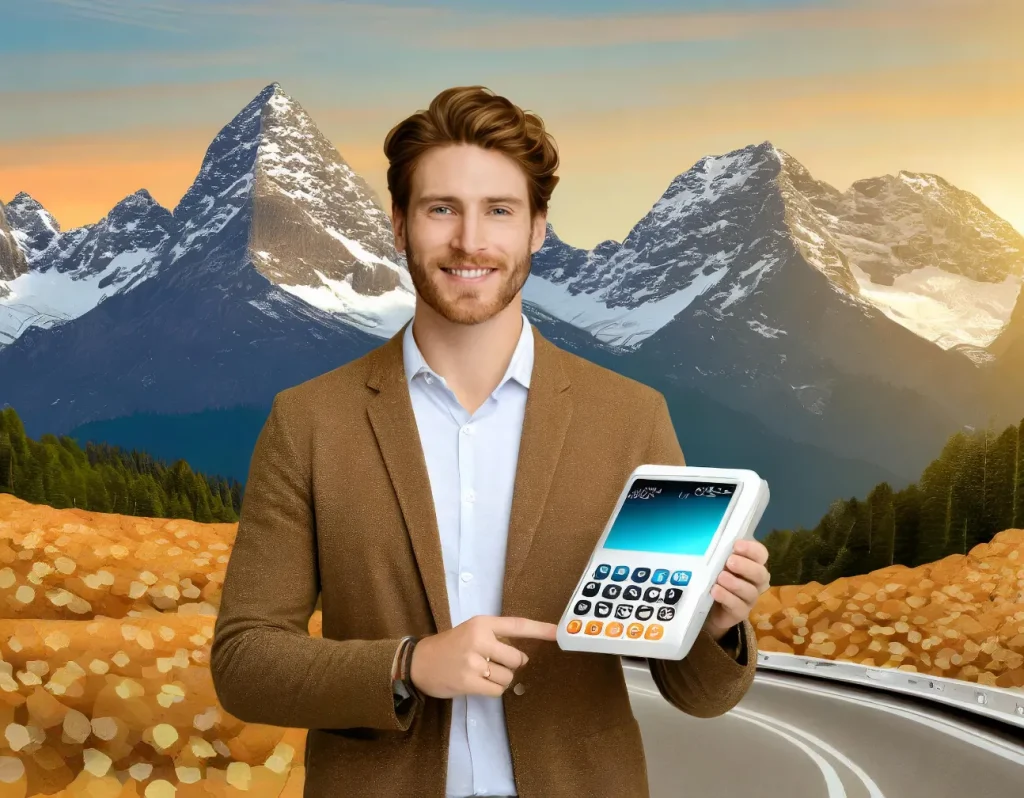 Man in a brown blazer holding a point of sale device with a backdrop of mountains at sunset.