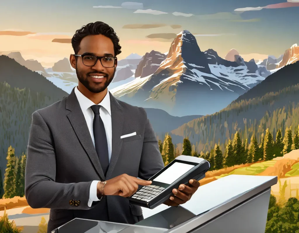 A man in a suit uses a point of sale terminal with a mountainous landscape in the background.