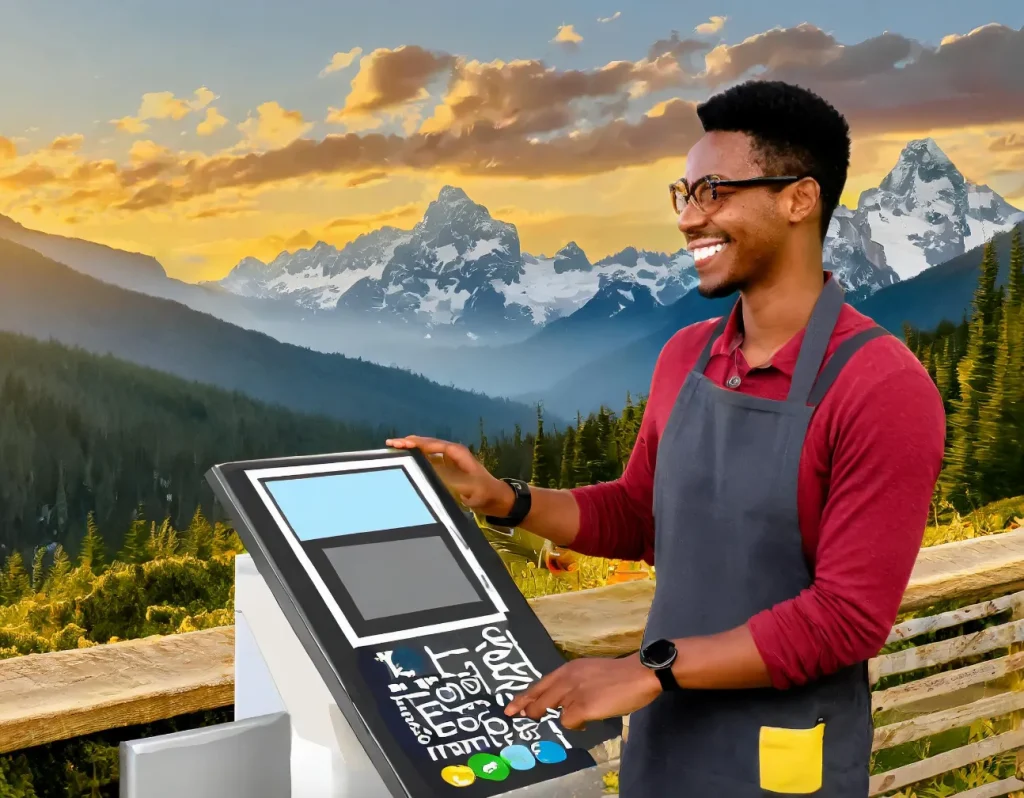 A smiling man in an apron uses a touchscreen point of sale system outdoors against a scenic mountain landscape at sunset.