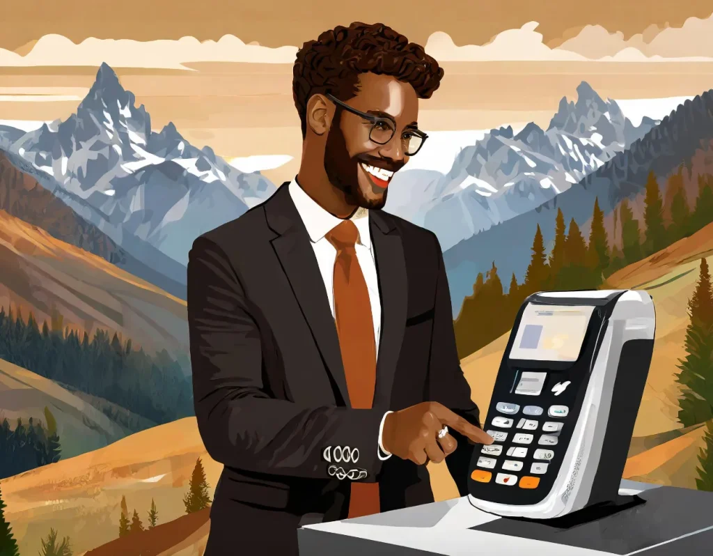 Man in suit smiling while using a point of sale terminal, with scenic mountains in the background.